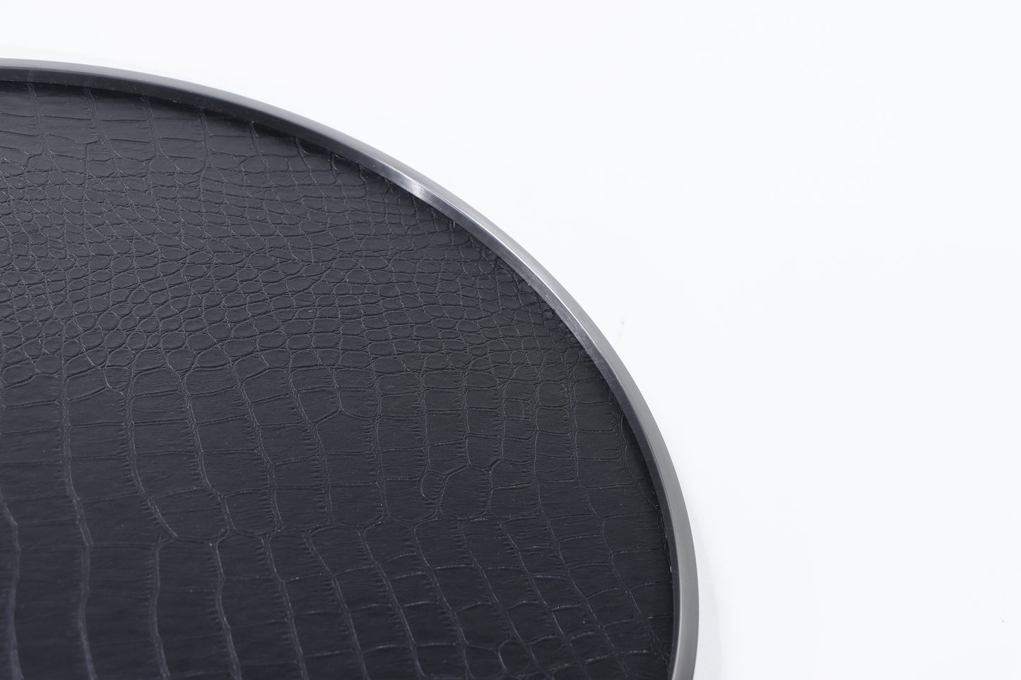 Black & Brushed Gun Metal Pu Leather & S/S Steel Round Decorative Tray